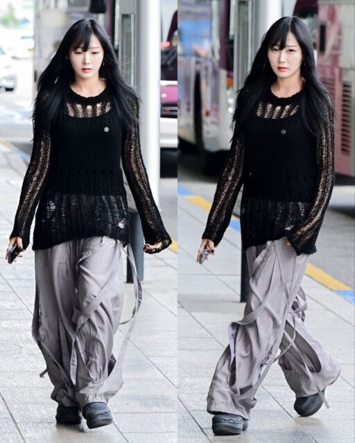 Giselle a fashionable idol from Kpop girl group Aespa, showing her style at the airport